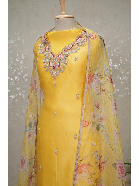 Unstitched Hand Embroidered Organza Silk Suit – Yellow