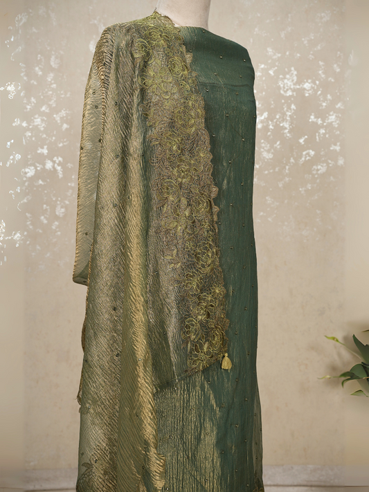 Unstitched Crush Tissue Suit with Mirror Work – Green