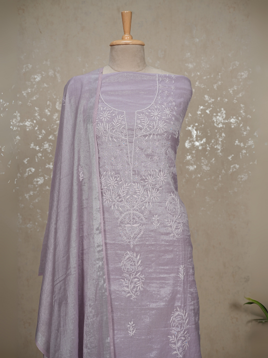 Unstitched Tissue Mul Chanderi Chikankari Suit – Pistachio Green