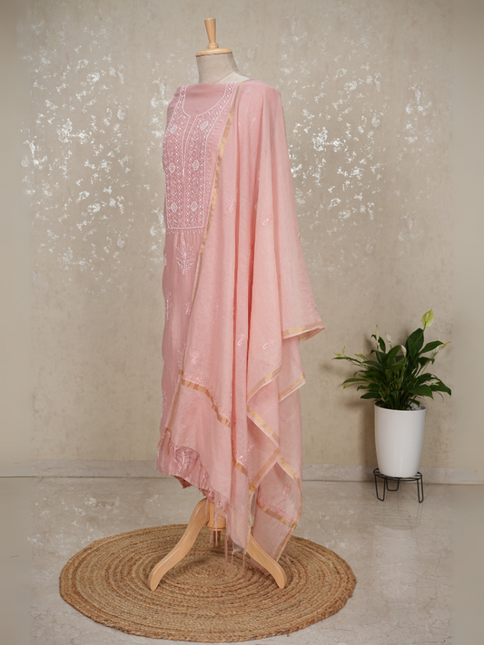 Unstitched Chikankari Mul Chanderi Suit with Pearl & Sequin Embroidery