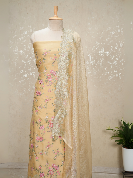 Unstitched Organza Suit with Heavy Zari Embroidery – Beige