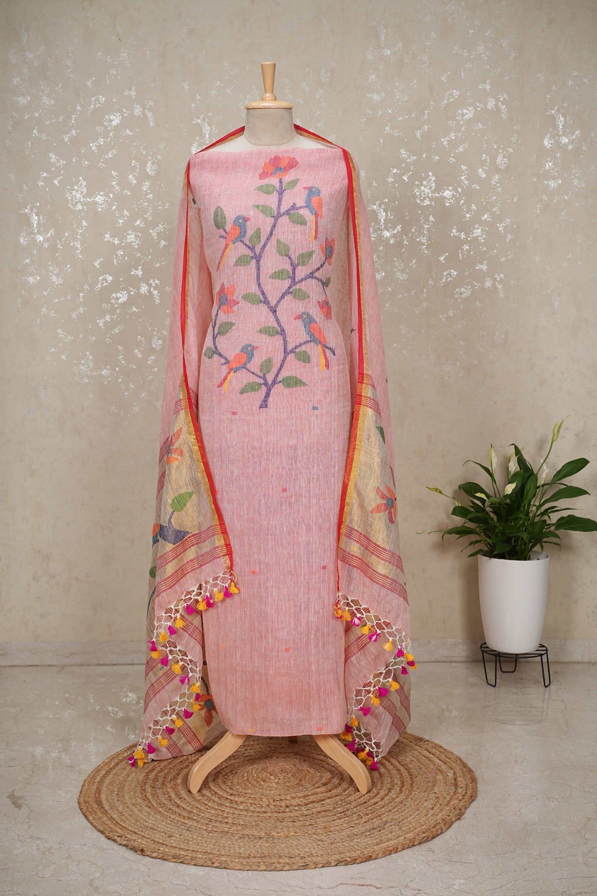 Unstitched Paithani Jamdani Handloom Suit with Peacock Motif – Light Pink