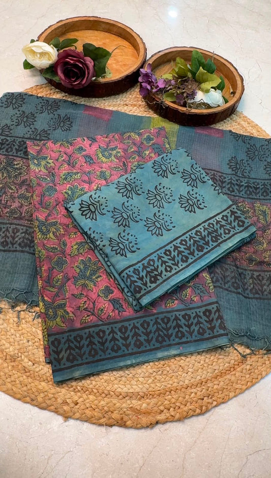 Unstitched Vegetable Dyed Cotton Block Print Suit with Kota Doria Dupatta – Fuchsia Pink