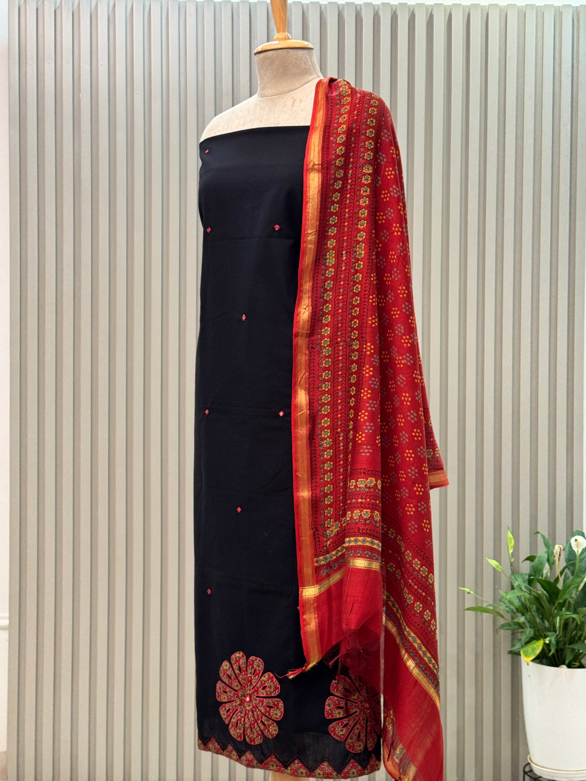 Unstitched Mirror & Applique Cotton Suit with Chanderi Dupatta – Red