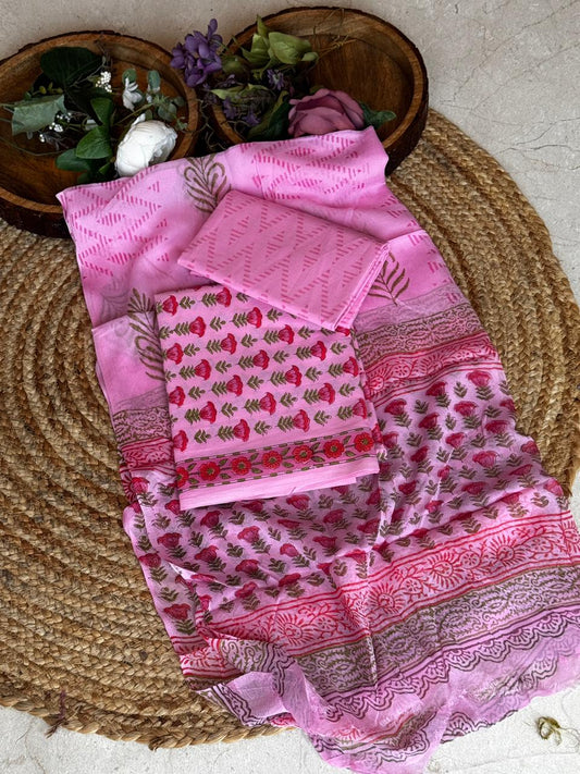 Unstitched Cotton Suit with Chiffon Dupatta – Fuchsia Pink