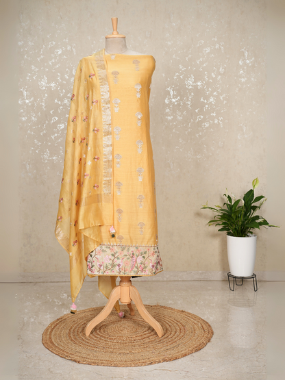 Unstitched Banarasi Chanderi Suit with Zari Booti – Yellow