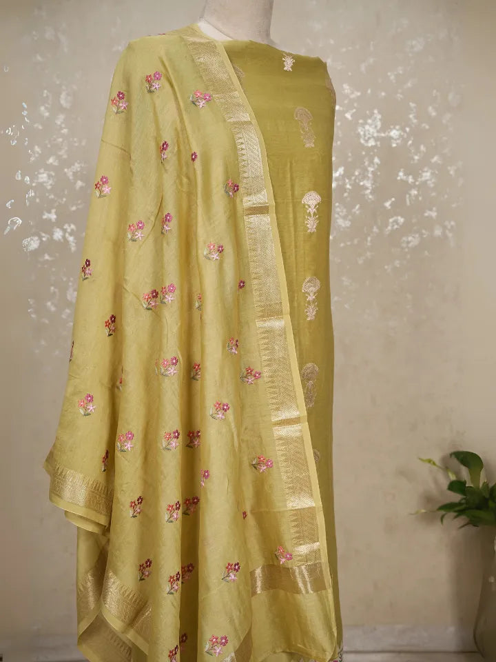 Chanderi Banarasi with zari like embroidery on shirt hem and dupatta with bootas embroidered with imported bottom