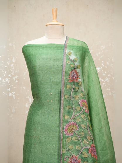 Unstitched Pure Silk Linen Kalamkari Suit with Crepe Bottom & Sequin Weave – 3 Pc Party Set