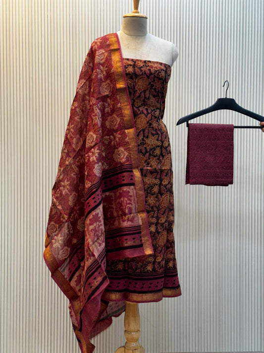 Unstitched Ajrakh Print Maheshwari Silk Suit – Pink