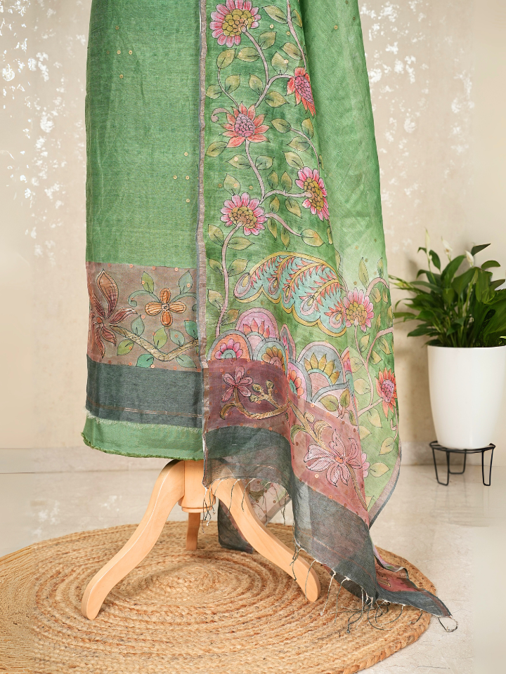Pure Silk Linen Kalamkari Suit with Crepe Bottom & Sequence Weave – 3 Pc Party Set
