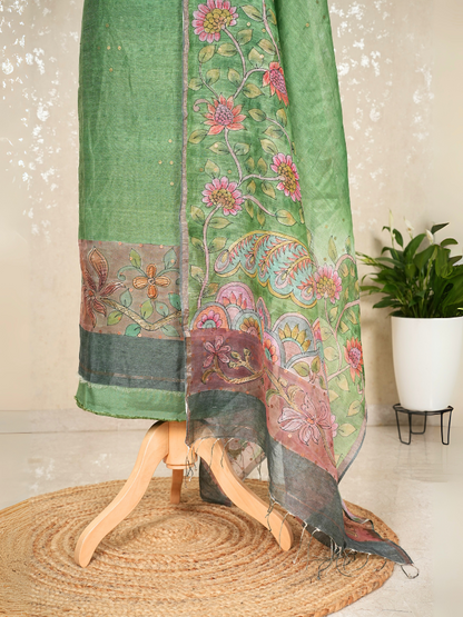 Unstitched Pure Silk Linen Kalamkari Suit with Crepe Bottom & Sequin Weave – 3 Pc Party Set