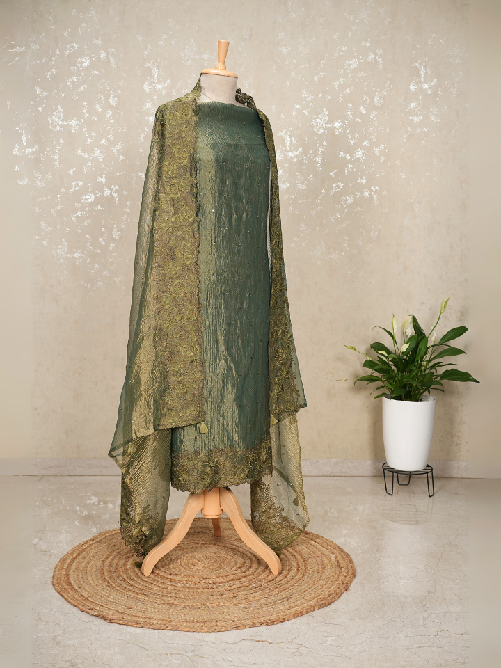 Unstitched Crush Tissue Suit with Mirror Work – Green