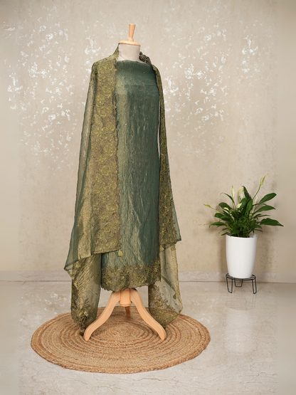 Unstitched Crush Tissue Suit with Mirror Work – Green
