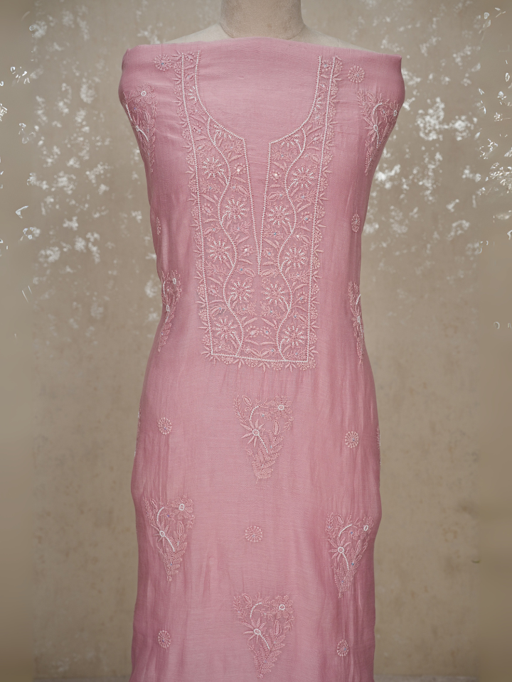 Unstitched Chikankari Mul Chanderi Suit with Pearl & Sequin Embroidery