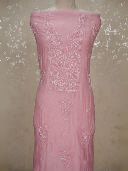Unstitched Chikankari Mul Chanderi Suit with Pearl & Sequin Embroidery