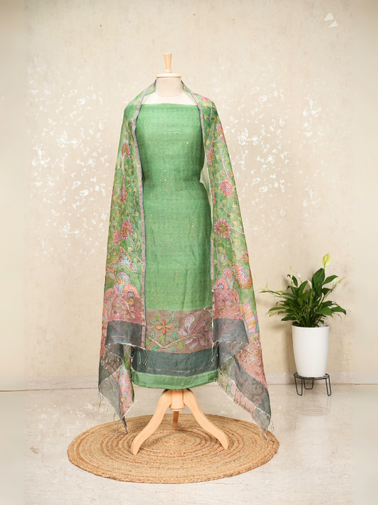 Unstitched Silk Linen Kalamkari Suit with Sequin Weave – Green