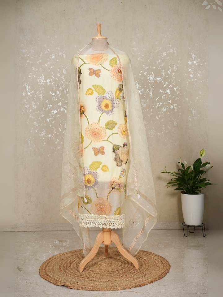 Unstitched Organza Silk Suit with Bead & Sequin Embroidery