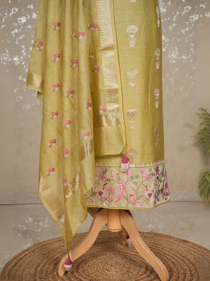 Unstitched Chanderi Banarasi Suit with Zari Embroidery & Booti Work, Imported Bottom