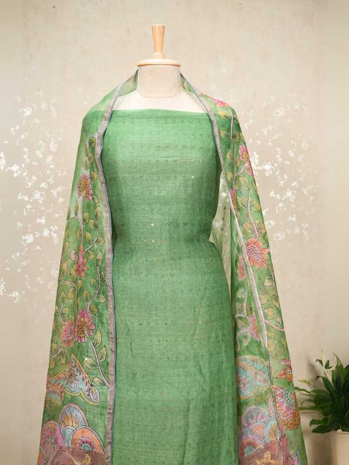Unstitched Pure Silk Linen Kalamkari Suit with Crepe Bottom & Sequin Weave – 3 Pc Party Set