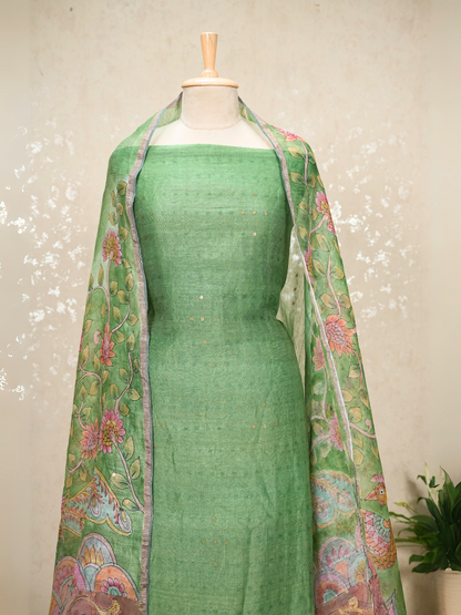 Unstitched Pure Silk Linen Kalamkari Suit with Crepe Bottom & Sequin Weave – 3 Pc Party Set