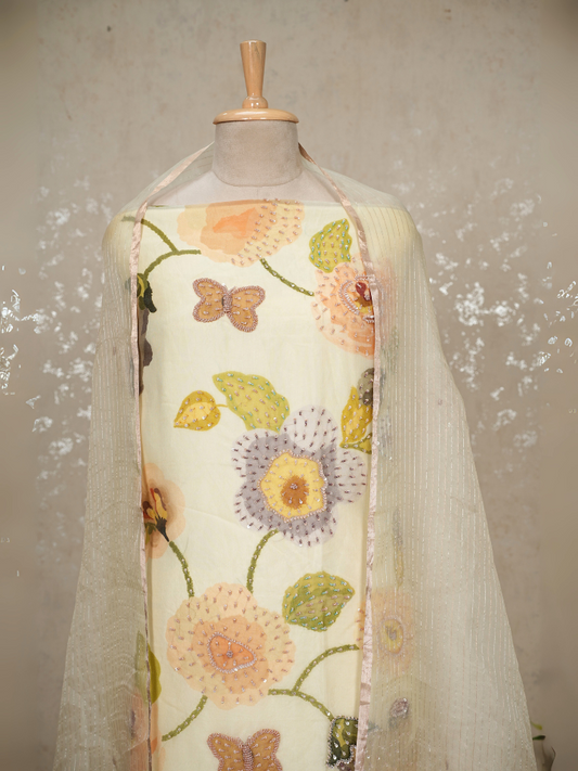 Unstitched Organza Silk Suit with Bead & Sequin Embroidery