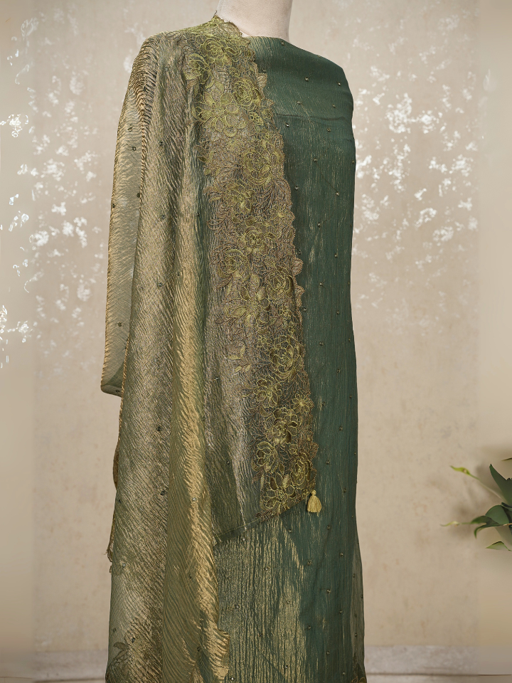 Unstitched Crush Tissue Suit with Mirror Work – Green