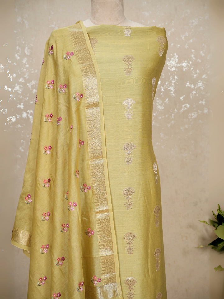 Unstitched Chanderi Banarasi Suit with Zari Embroidery & Booti Work, Imported Bottom