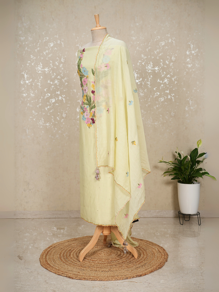 Unstitched Heavy Neck Embroidered Pure Mul Chanderi Suit with Beads & Tassel Dupatta – 3 Pc Set