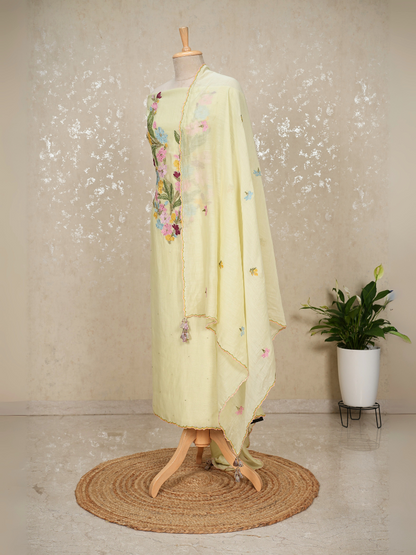 Unstitched Heavy Neck Embroidered Pure Mul Chanderi Suit with Beads & Tassel Dupatta – 3 Pc Set