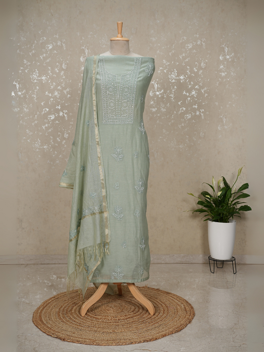 Unstitched Chikankari Mul Chanderi Suit with Pearl & Sequin Work – Green