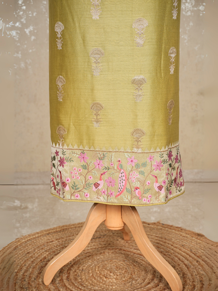 Unstitched Chanderi Banarasi Suit with Zari Embroidery & Booti Work, Imported Bottom