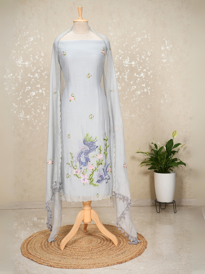 Unstitched Bird Embroidery Mul Chanderi Suit – Light Grey