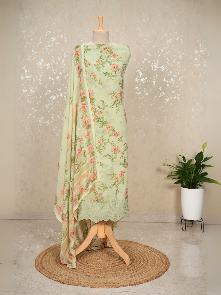 Unstitched Sequin Georgette Printed Suit – Green