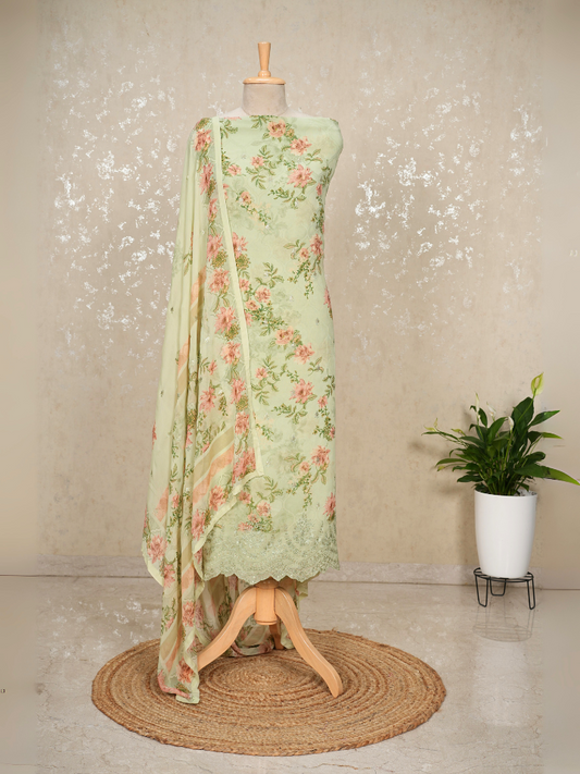 Unstitched Sequin Georgette Printed Suit – Green