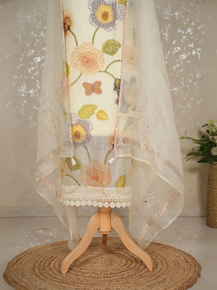 Unstitched Organza Silk Suit with Bead & Sequin Embroidery