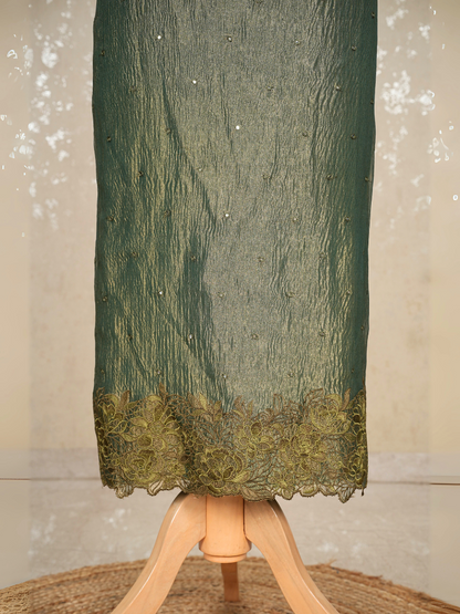 Unstitched Crush Tissue Suit with Mirror Work – Green