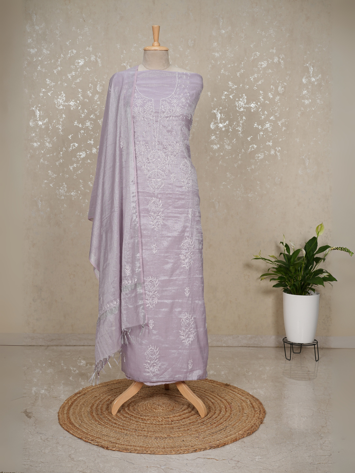 Unstitched Tissue Mul Chanderi Chikankari Suit – Pistachio Green