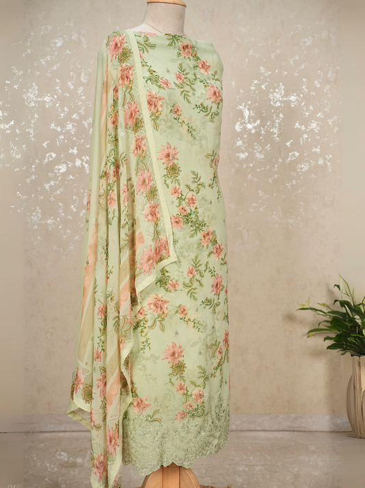 Unstitched Sequined Pure Georgette Printed Suit with Crepe Bottom
