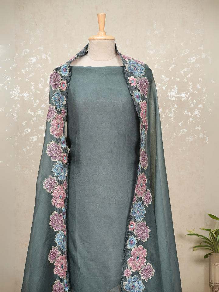 organza silk 3pc set with very fine embroidery on hem and dupatta with pure crepe bottom