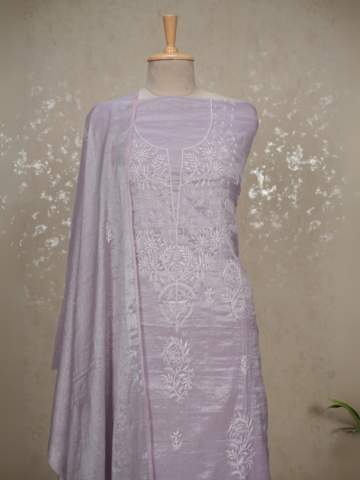 Unstitched Tissue Mul Chanderi Chikankari Suit – Pistachio Green