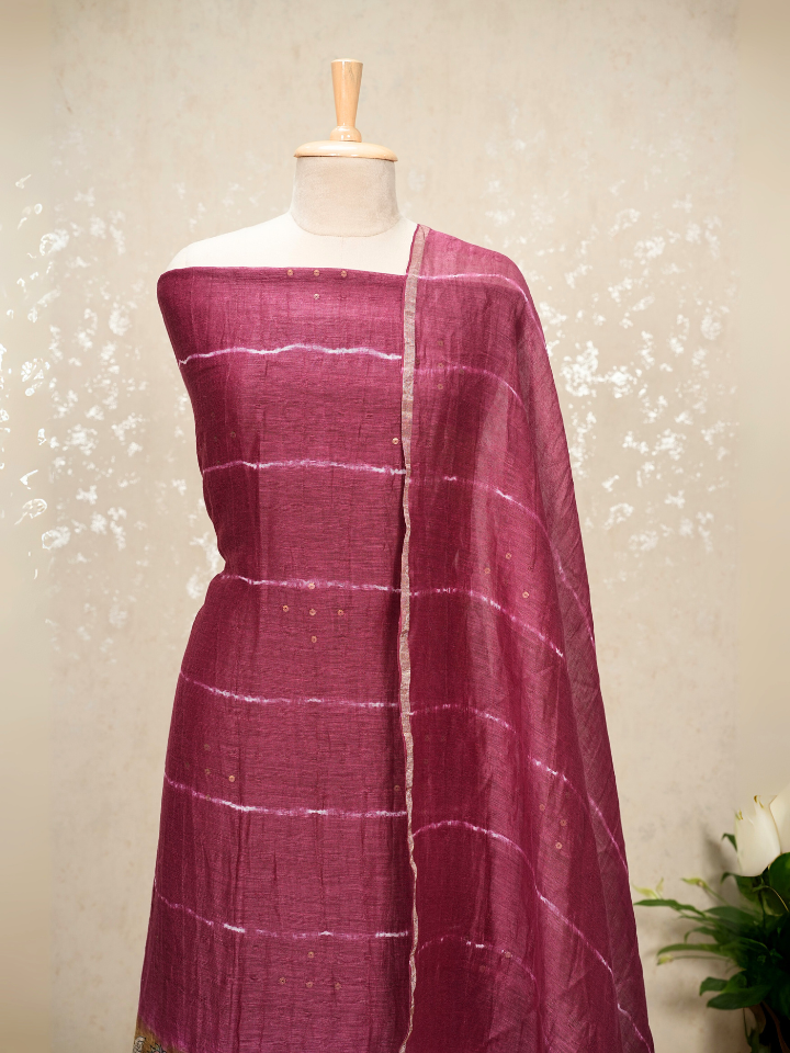 Pure Silk Linen Kalamkari Suit with Crepe Bottom & Sequence Weave – 3 Pc Party Set
