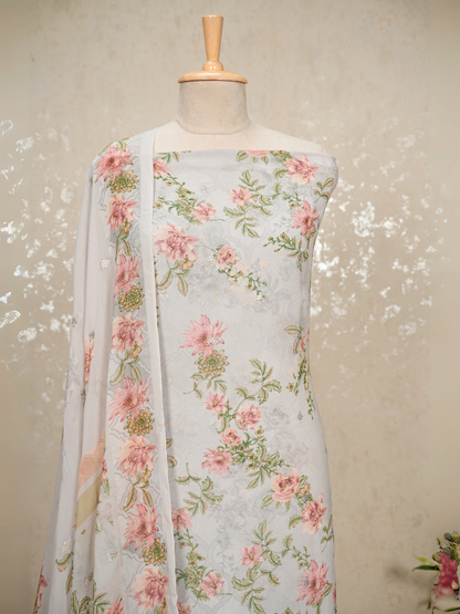 Unstitched Sequined Pure Georgette Printed Suit with Crepe Bottom