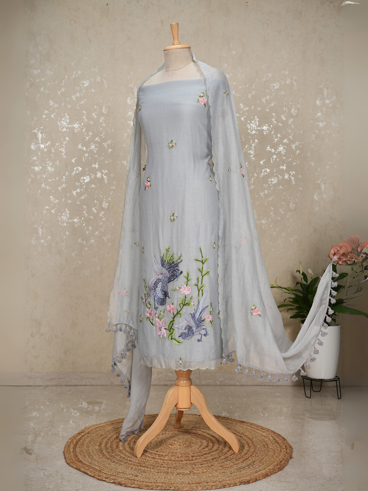 Unstitched Bird Embroidery Pure Mul Chanderi Suit with Tassel Dupatta – 3 Pc Set