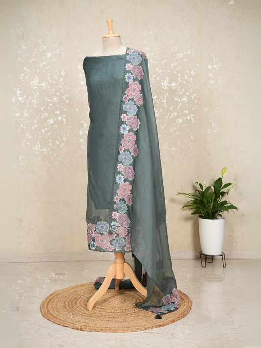 Unstitched Organza Silk Suit with Heavy Border – Teal Green