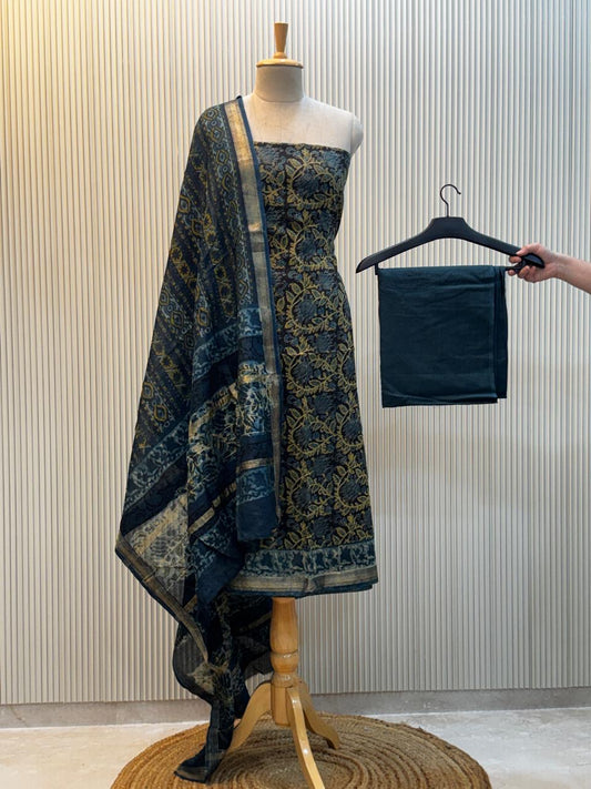 Unstitched Ajrakh Print Maheshwari Silk Suit – Midnight Blue