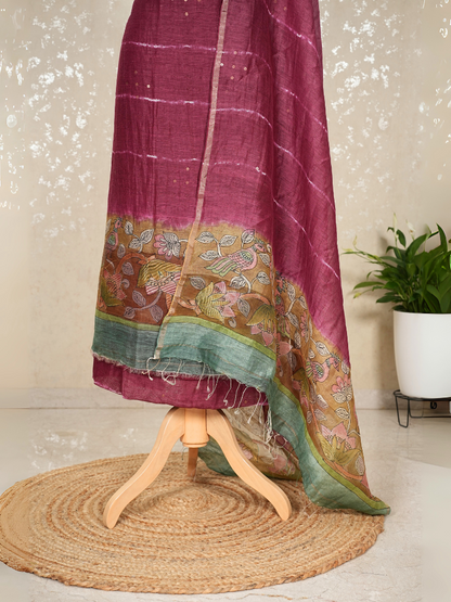 Unstitched Pure Silk Linen Kalamkari Suit with Crepe Bottom & Sequin Weave – 3 Pc Party Set