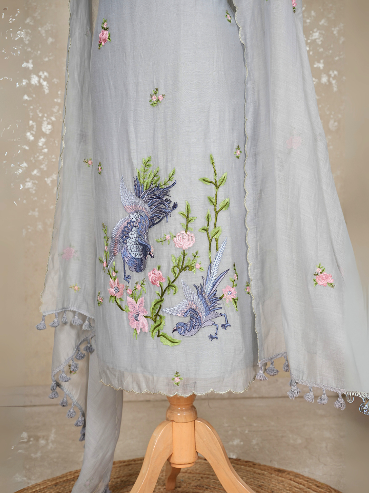 Bird Embroidery Pure Mul Chanderi Suit with Tassel Dupatta – 3 Pc Set
