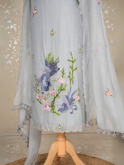 Unstitched Bird Embroidery Pure Mul Chanderi Suit with Tassel Dupatta – 3 Pc Set