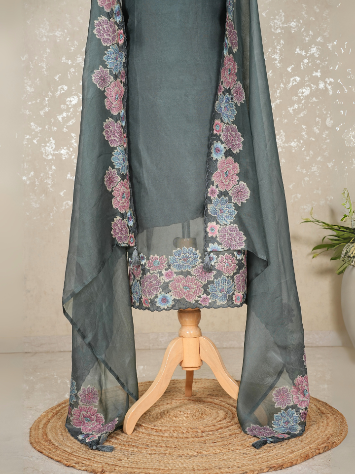 Unstitched Organza Silk Suit with Fine Embroidery & Pure Crepe Bottom – 3 Pc Set