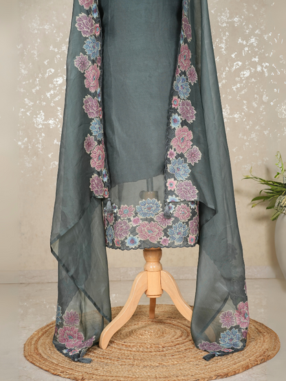 Unstitched Organza Silk Suit with Fine Embroidery & Pure Crepe Bottom – 3 Pc Set